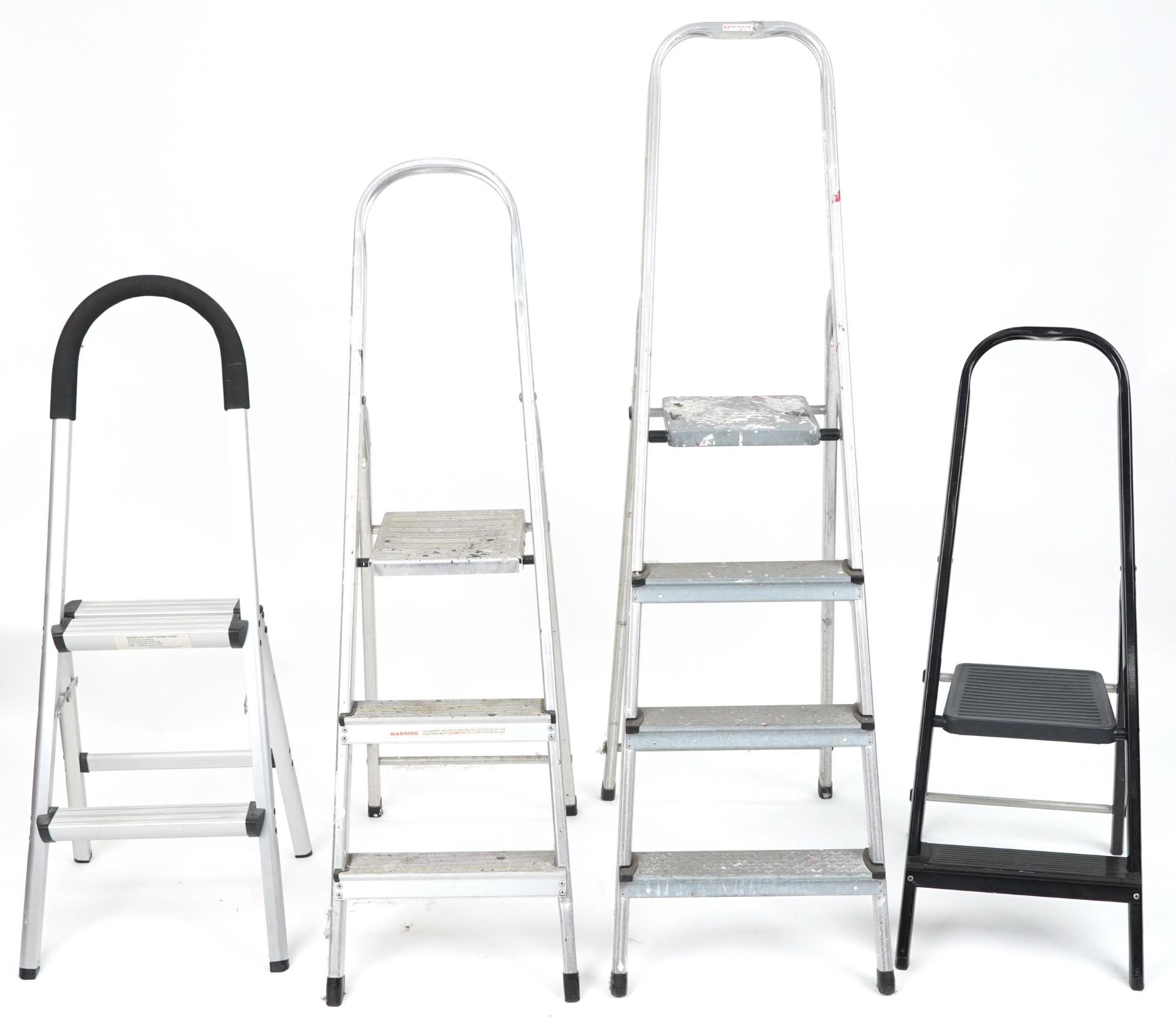 Four aluminium folding stepladders including Leifheit and Clima, the largest 160cm high when closed