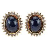 Pair of 18ct gold cabochon sapphire and diamond cluster stud earrings, each 1.3cm high, total 6.9g