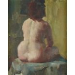 Nude female in an interior, Impressionist oil on board, bearing an indistinct signature, mounted and