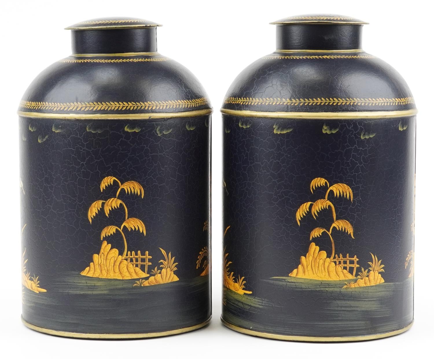 Pair of Toleware cannisters decorated in the chinoiserie manner with fishermen, 36cm high - Image 2 of 6