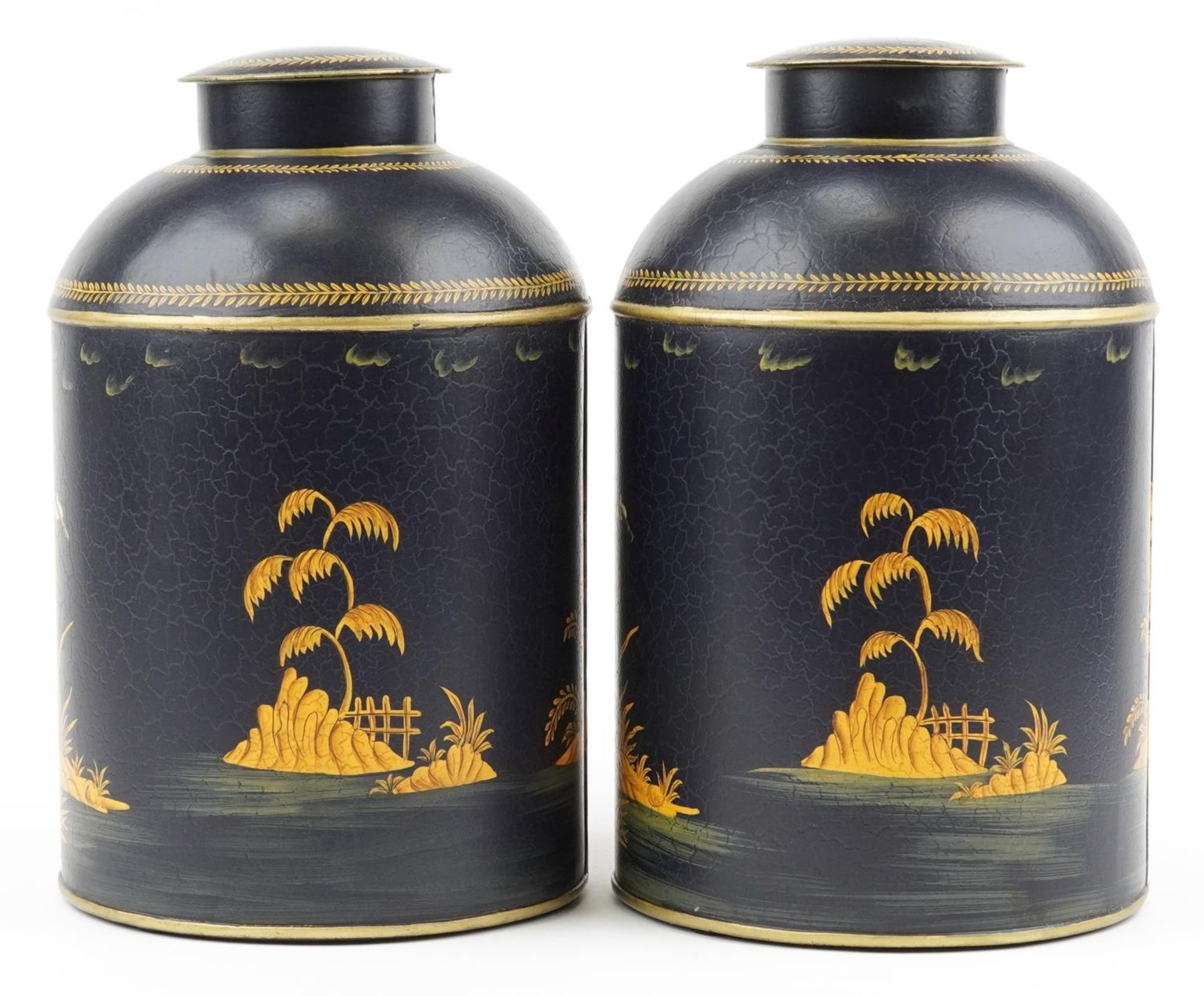 Pair of Toleware cannisters decorated in the chinoiserie manner with fishermen, 36cm high - Bild 2 aus 6