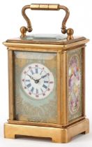 Miniature brass cased carriage clock with Sevres type porcelain panels depicting flowers, 5.5cm high