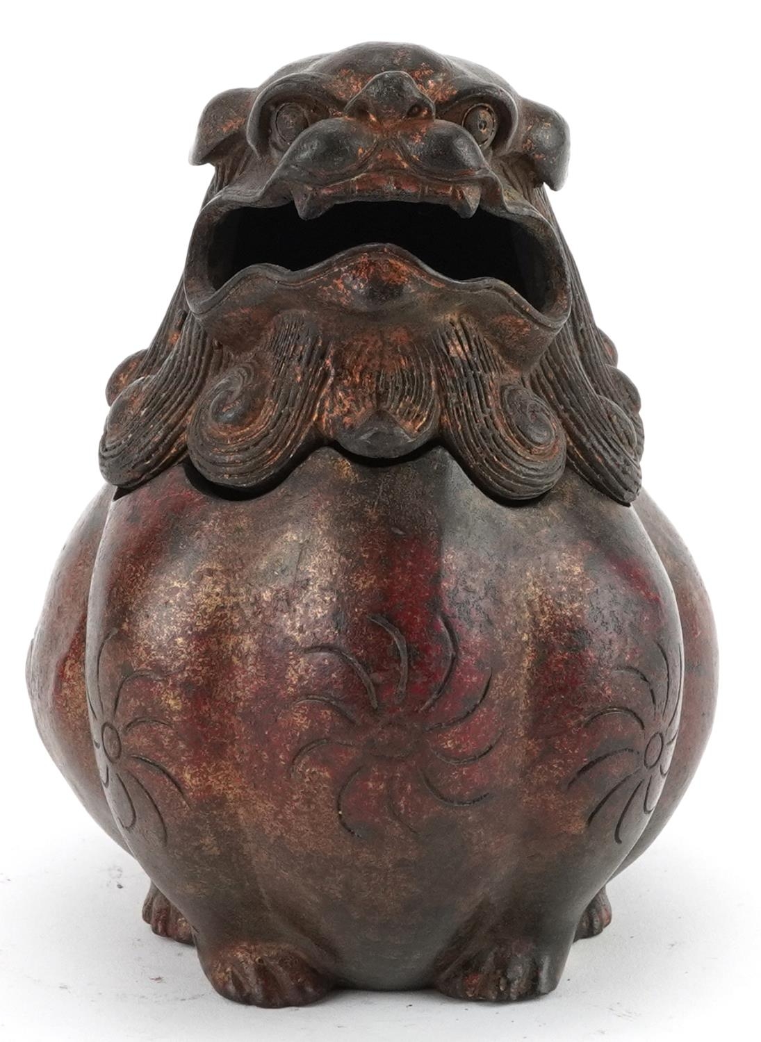 Chino Tibetan partially gilt and red lacquered incense burner in the form of a mythical animal, - Image 5 of 8