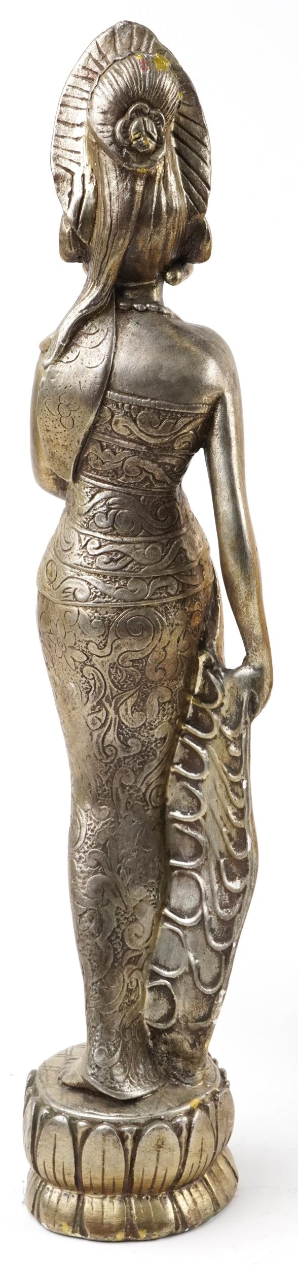 Chinese brass charger engraved with a dragon and a gilt painted figure of a standing goddess, 71.5cm - Image 2 of 7