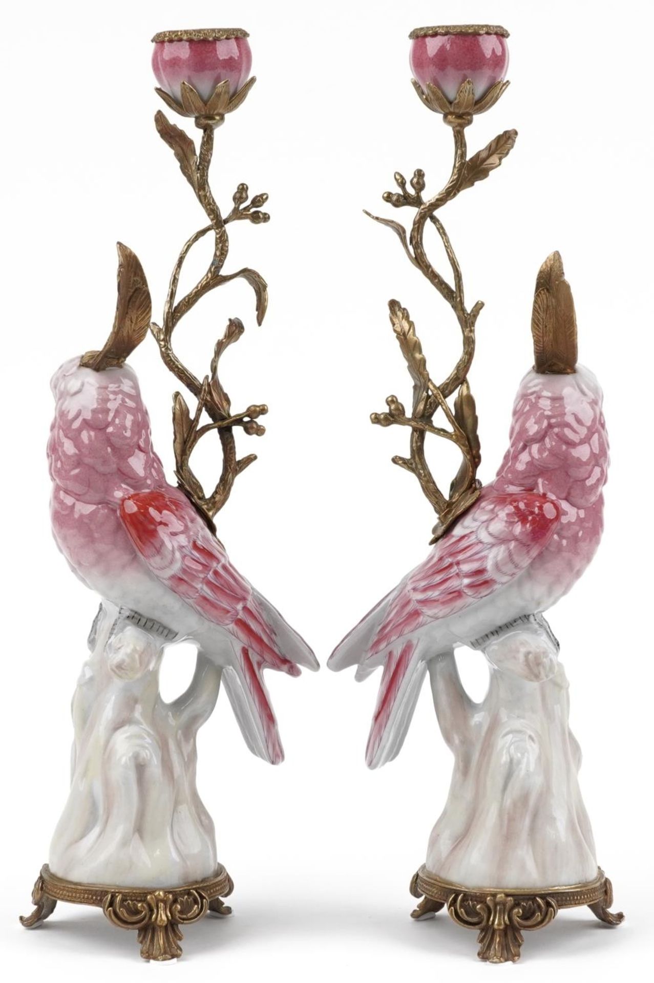 Pair of continental porcelain Cockatiel and gilt bronze candlesticks, 42cm high - Image 2 of 3
