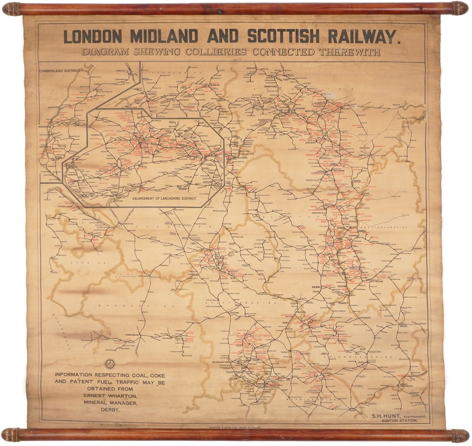 London Midland and Scottish railway railwayana interest wall hanging diagram showing collieries