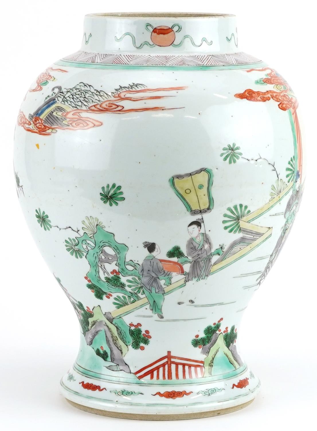 Chinese porcelain baluster vase hand painted in the famille verte palette with emperors and - Image 5 of 7