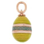 14ct gold green, blue and white guilloche enamel egg pendant, impressed Russian marks to the