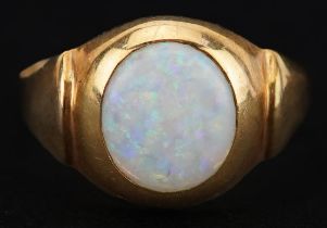 Unmarked gold cabochon opal ring, tests as 9ct gold, the opal approximately 8.90mm x 8.20mm x 2.60mm