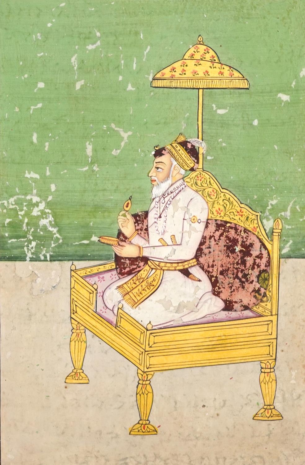 Emperor on daybed, Indian Mughal school gouache on paper, calligraphy verso, unframed, 22.5cm x 16cm