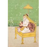 Emperor on daybed, Indian Mughal school gouache on paper, calligraphy verso, unframed, 22.5cm x 16cm