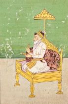 Emperor on daybed, Indian Mughal school gouache on paper, calligraphy verso, unframed, 22.5cm x 16cm