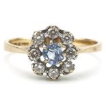 9ct gold cubic zirconia and blue stone cluster ring, size K/L, 1.5g