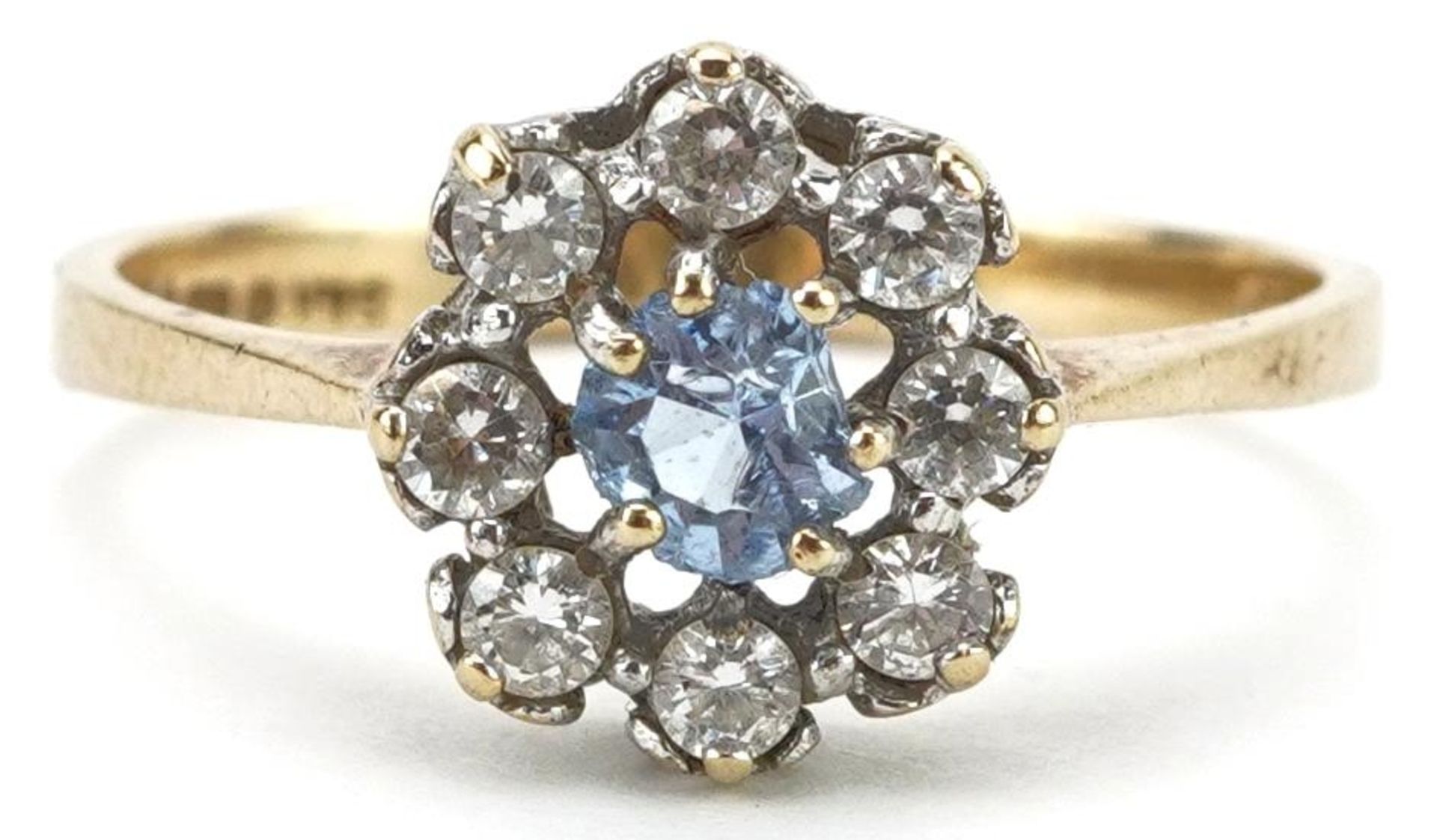 9ct gold cubic zirconia and blue stone cluster ring, size K/L, 1.5g