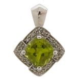 9ct white gold peridot and diamond pendant with certificate, 1.8cm high, 2.3g