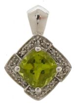 9ct white gold peridot and diamond pendant with certificate, 1.8cm high, 2.3g