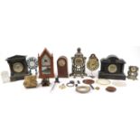 Clocks and accessories including Victorian black slate and marble mantle clock, Edwardian dome top