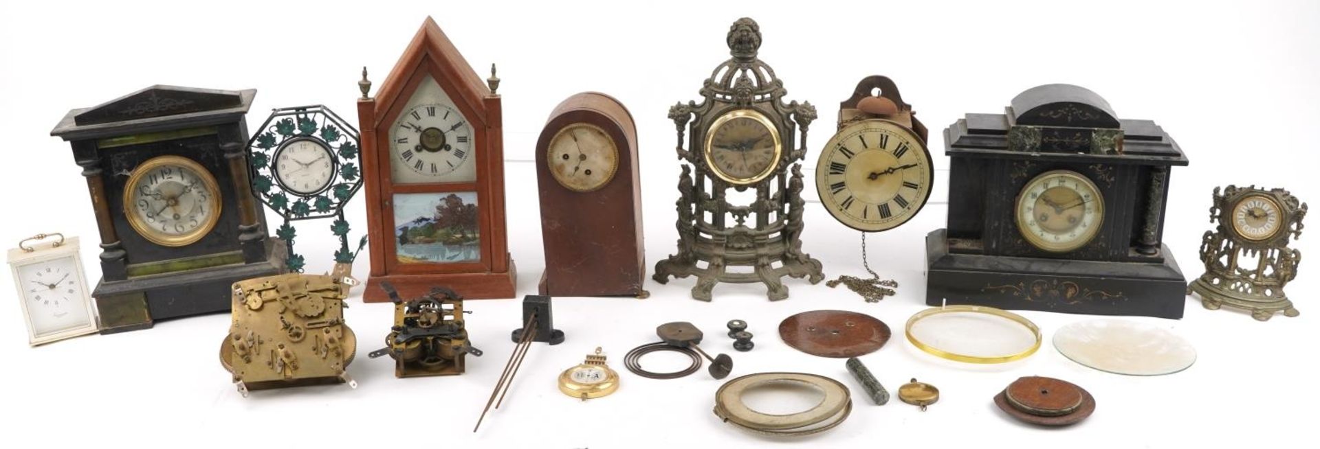 Clocks and accessories including Victorian black slate and marble mantle clock, Edwardian dome top