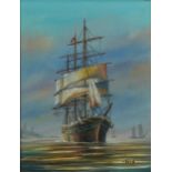 Fred - Rigged ship, naval interest oil on canvas, mounted and framed, 24cm x 19cm excluding the