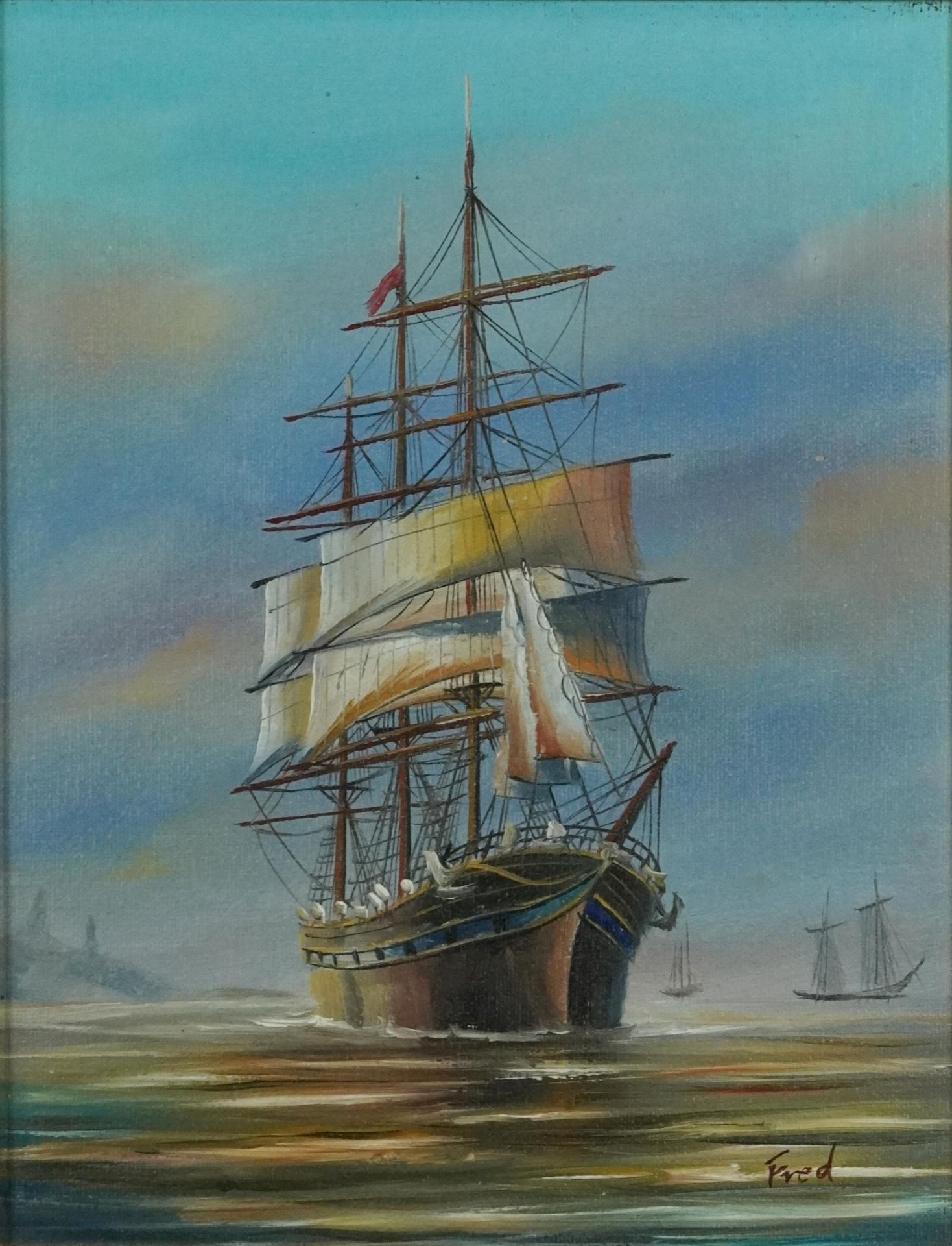 Fred - Rigged ship, naval interest oil on canvas, mounted and framed, 24cm x 19cm excluding the