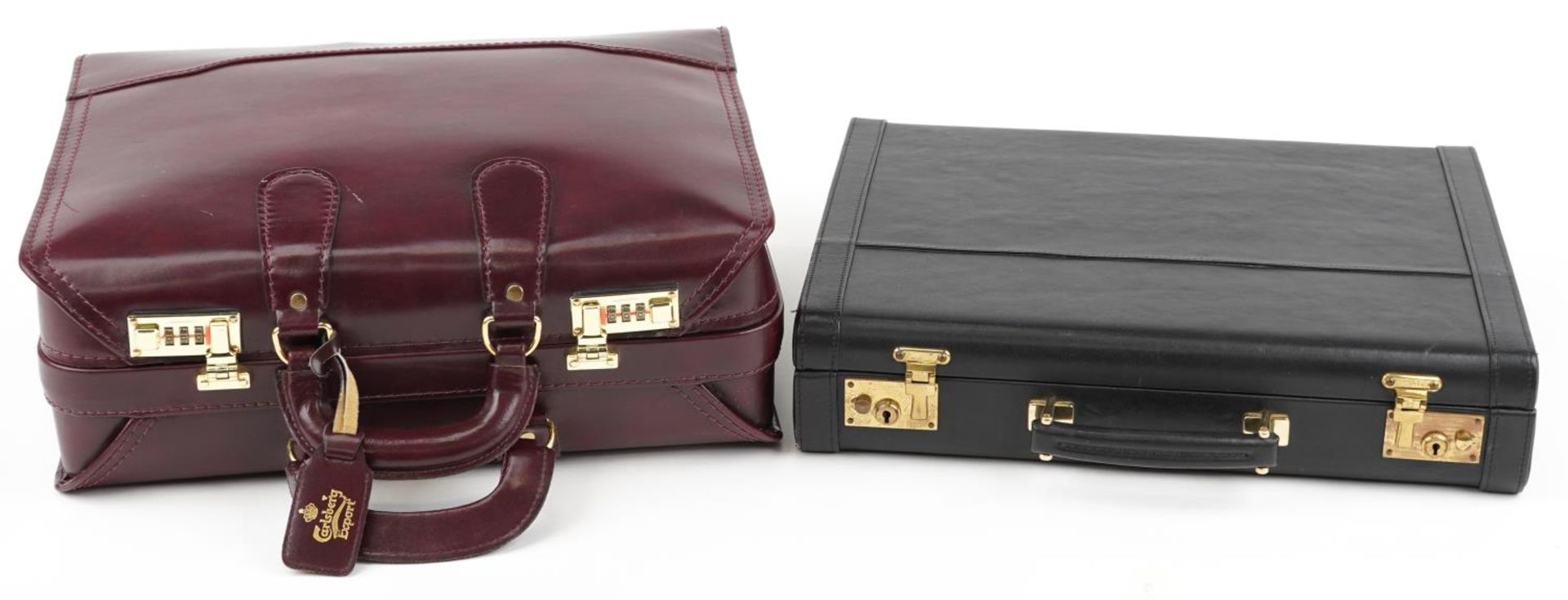Two vintage leather briefcases including a breweriana interest custom Carlsberg Export burgundy