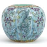 Chinese porcelain purple and turquoise ground vase hand painted in the famille rose palette with