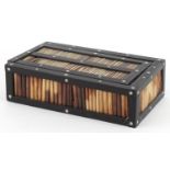 Anglo Indian ebony and porcupine quill box with slide lid, 5cm H x 17cm W x 7cm D