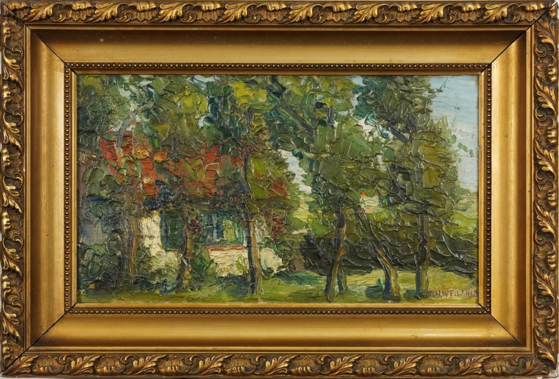 Woodland, Impressionist impasto oil on board bearing an indistinct signature, possibly D H W - Image 2 of 4