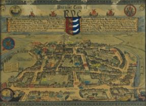 19th century hand coloured map of The Ancient Town of Rye after Percy F White, dated 1833, framed