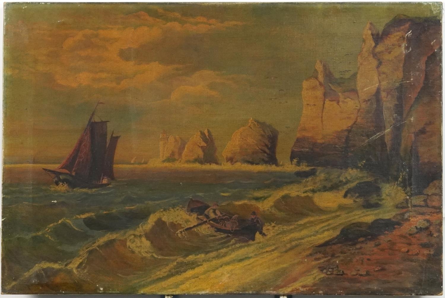 The Needles, Isle of Wight with fishermen, 19th century English school oil on canvas, unframed, 61cm - Image 2 of 4