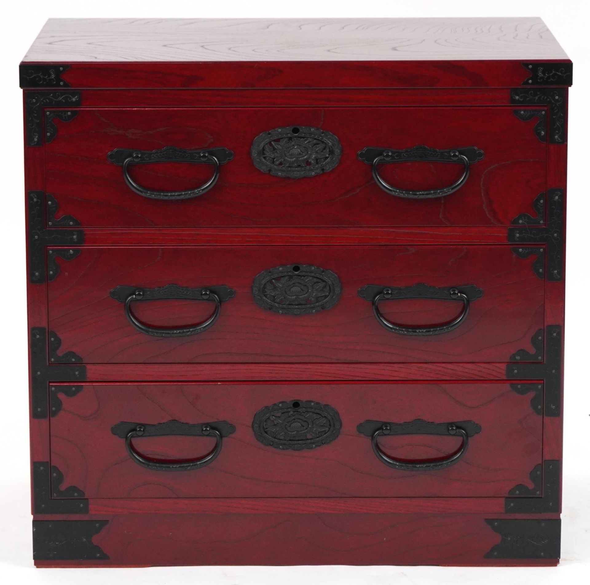 Chinese cherry wood type three drawer chest with cast black metal mounts, 57cm H x 60cm W x 40.5cm D - Bild 2 aus 5