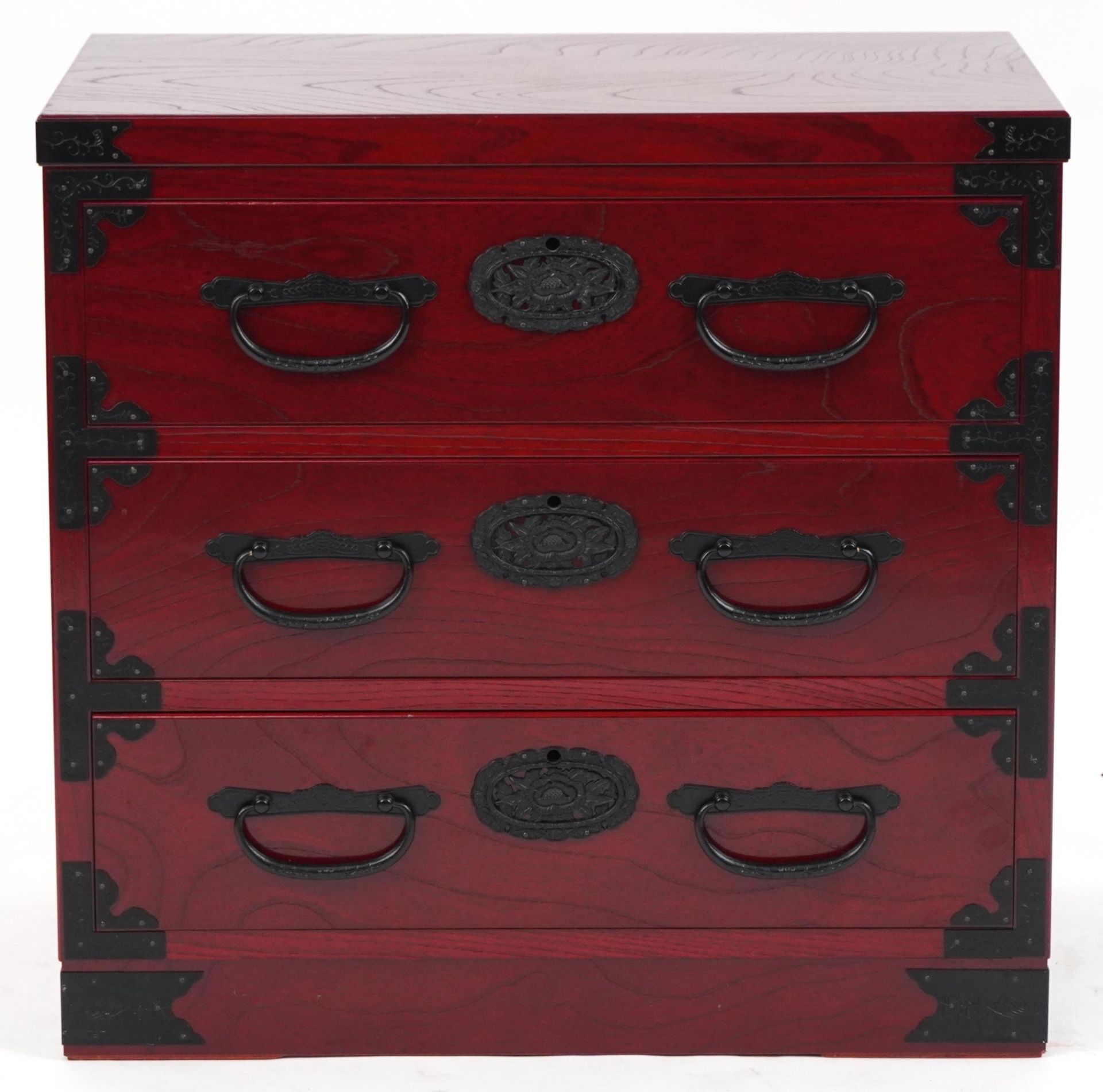 Chinese cherry wood type three drawer chest with cast black metal mounts, 57cm H x 60cm W x 40.5cm D - Image 2 of 5