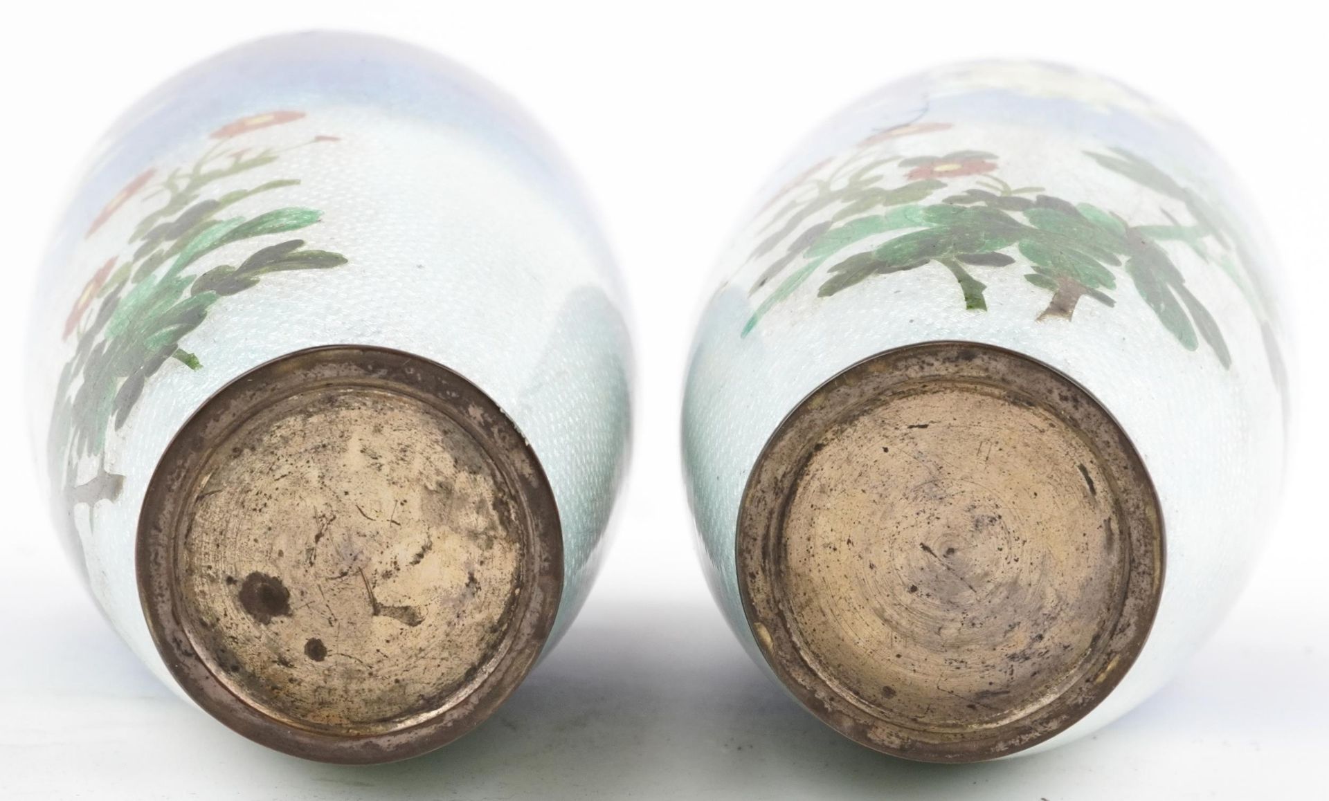 Pair of Japanese blue and white ground cloisonne vases enamelled with flowers, each 24.5cm high - Image 6 of 6