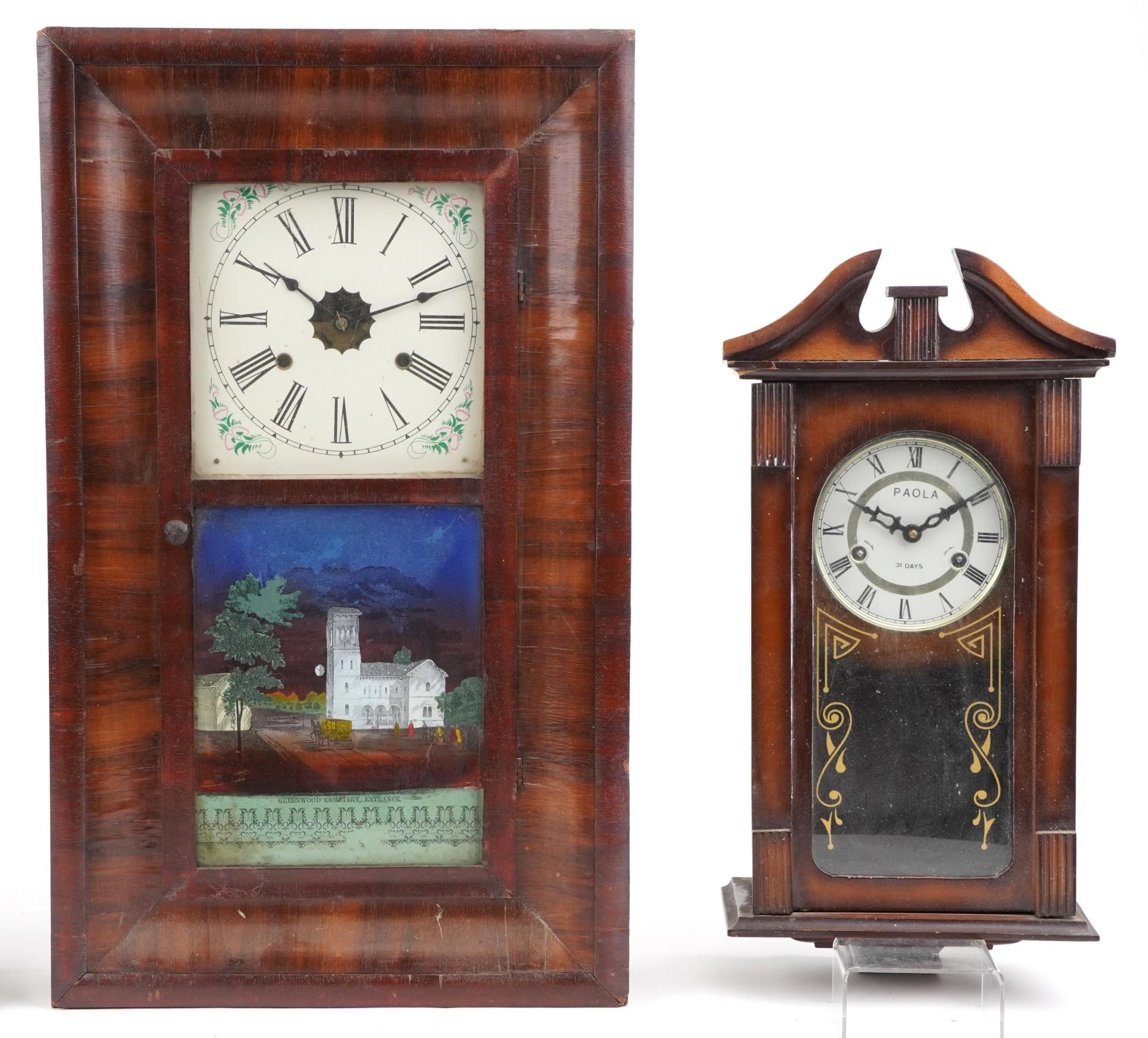 Four clocks including two American wall examples, one having circular dial and inscribed Examined by - Bild 3 aus 4