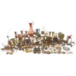 Copper, brass and metalware including a Chinese pagoda, horse drawn Gypsy wagon, teapots and various