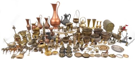 Copper, brass and metalware including a Chinese pagoda, horse drawn Gypsy wagon, teapots and various