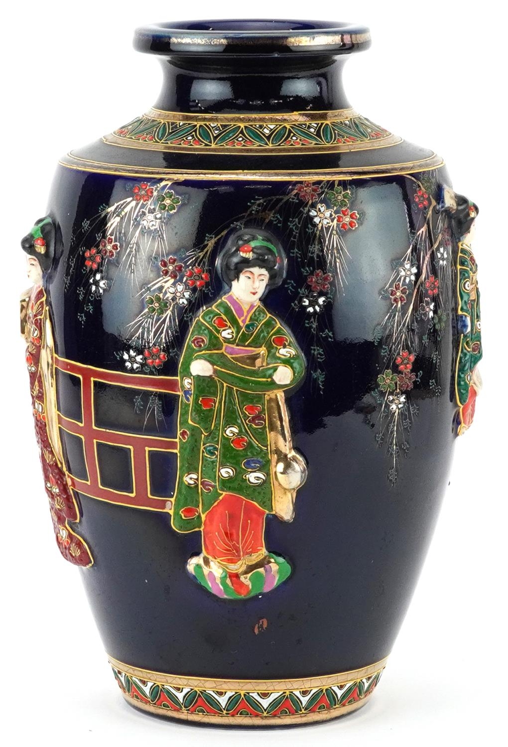 Japanese Satsuma pottery vase hand painted and decorated in relief with young females, character - Image 4 of 7