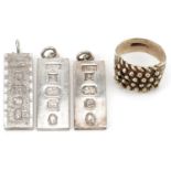 Silver jewellery comprising three ingot pendants and a five row keeper ring, the ring size V,