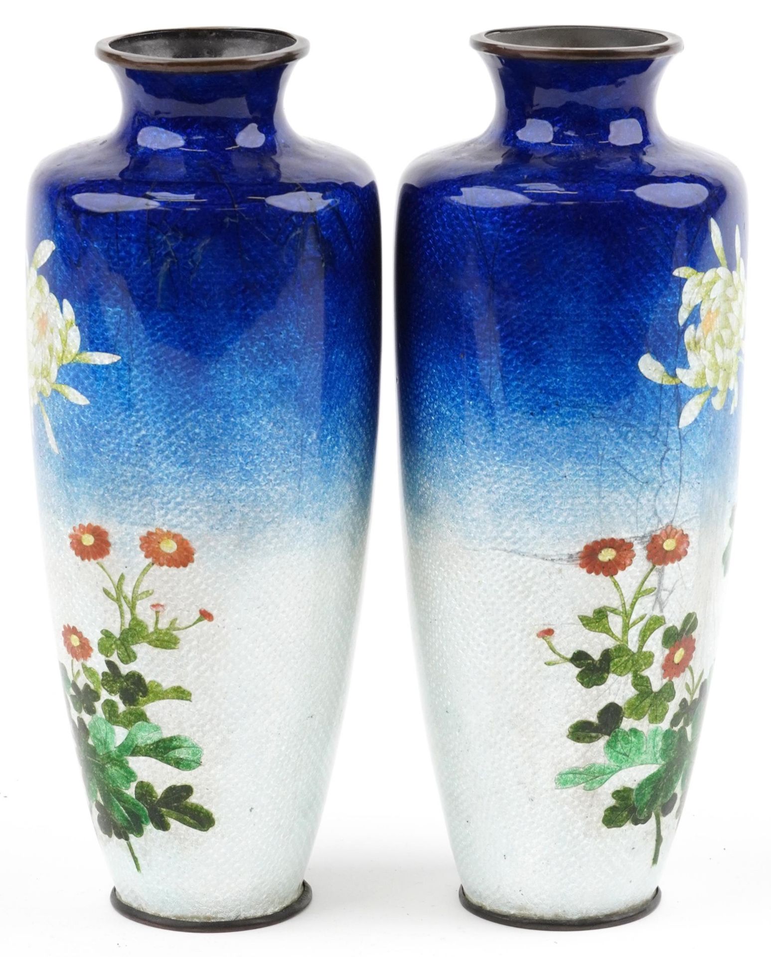 Pair of Japanese blue and white ground cloisonne vases enamelled with flowers, each 24.5cm high - Image 2 of 6