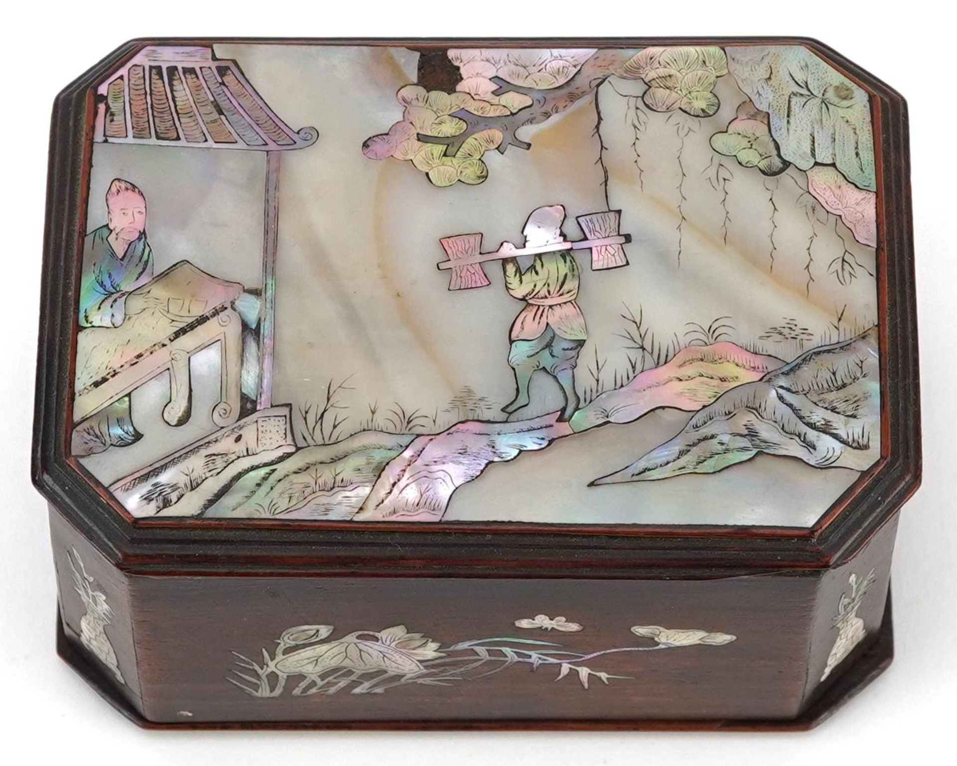 Chinese hardwood box and cover with canted corners and abalone inlay depicting attendant attending a - Image 3 of 7