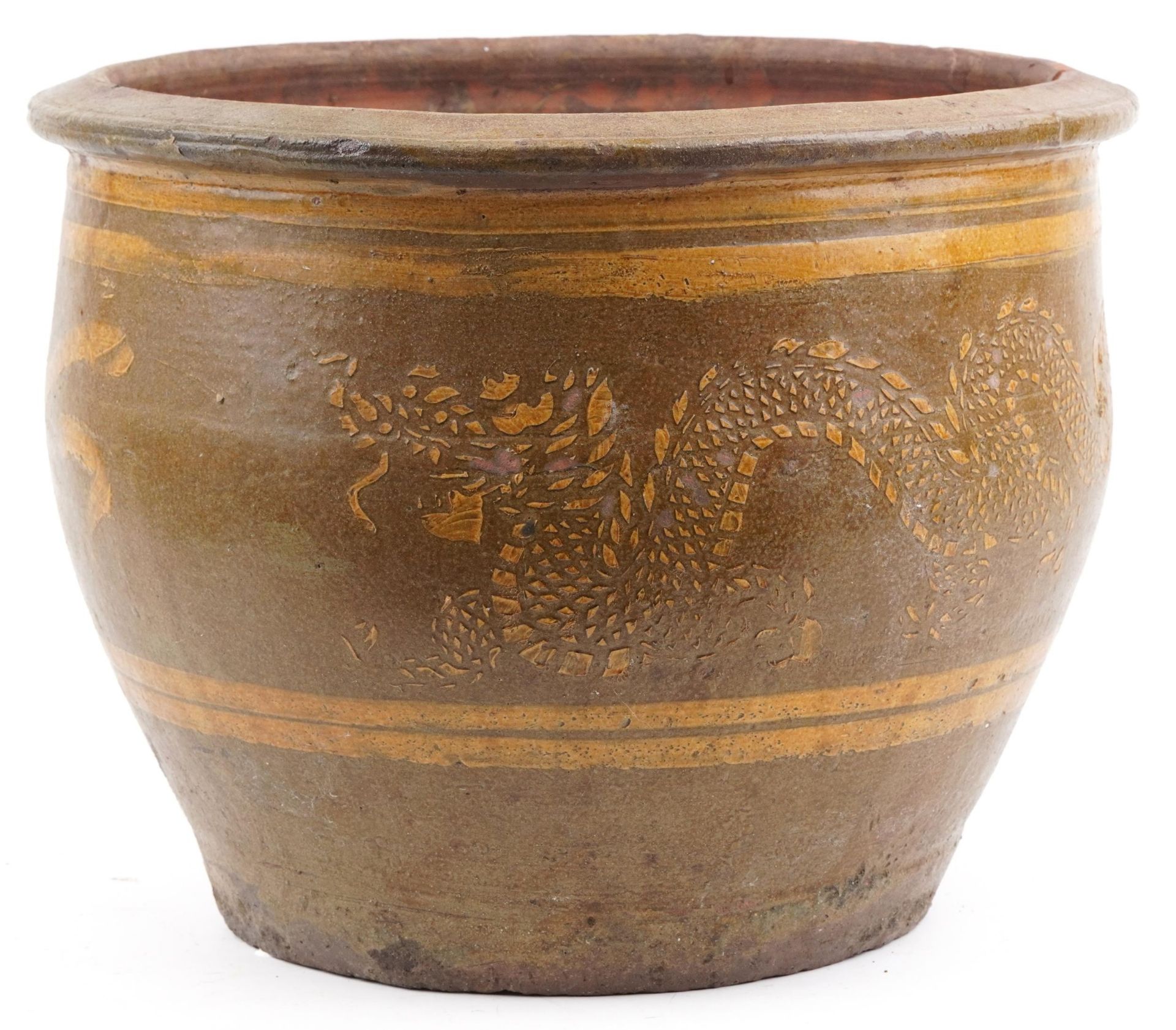 Large Chinese archaic style terracotta planter having and ash and brown glaze, incised with two