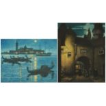 F Marriott - Venice and Bruges, matched pair of pencil signed hand coloured etchings, labels