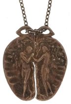 Silver Adam & Eve pendant in the form of an apple on a sterling silver necklace, 3.2cm high and 50cm