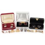 Vintage and later cufflinks, some silver, including a pair of Essex Crystal design, carnelian and