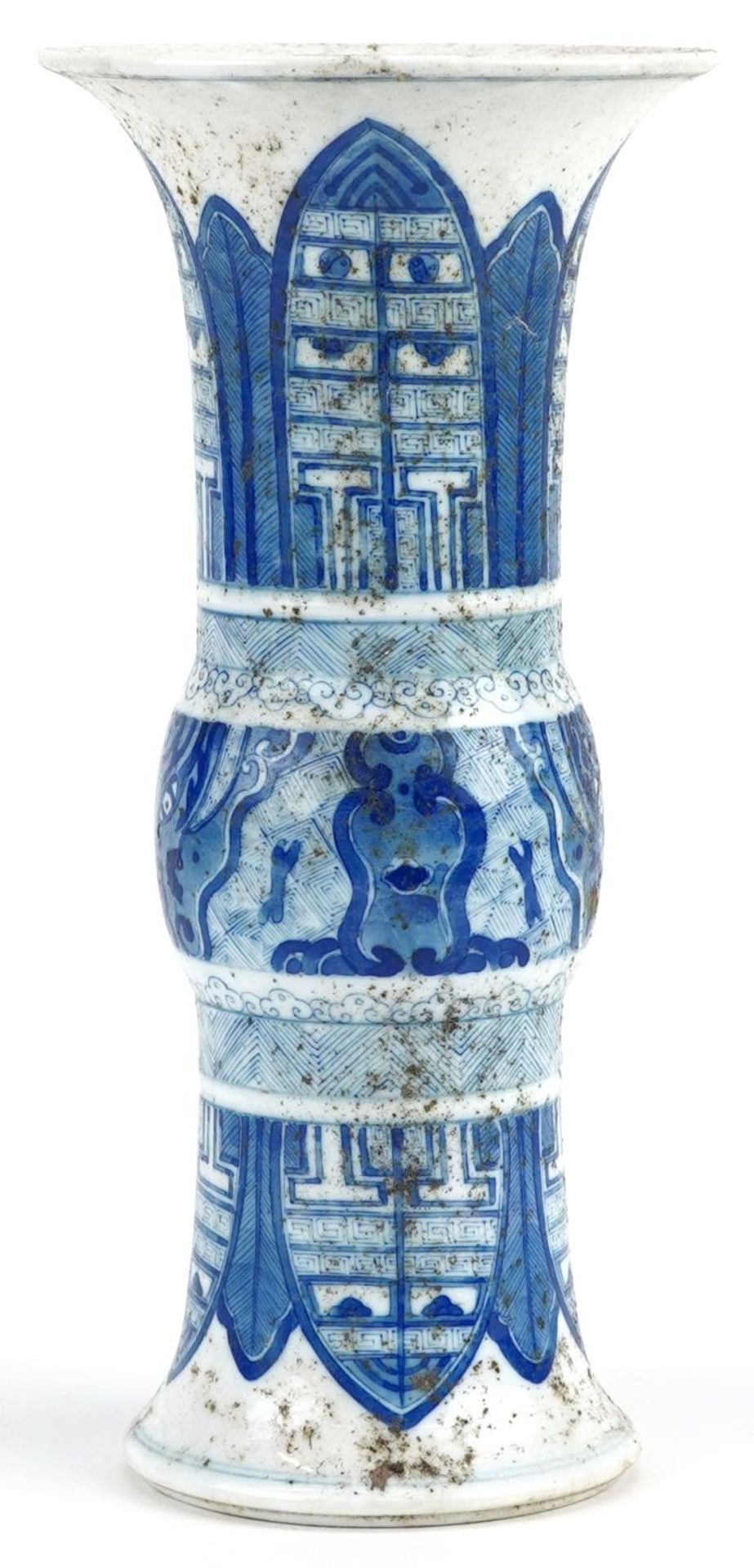 Chinese blue and white porcelain Gu beaker vase hand painted with stylised leaves, six figure - Image 2 of 6