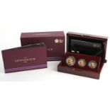 Elizabeth II 2015 sovereign Three-Coin Premium set by The Royal Mint comprising double sovereign,