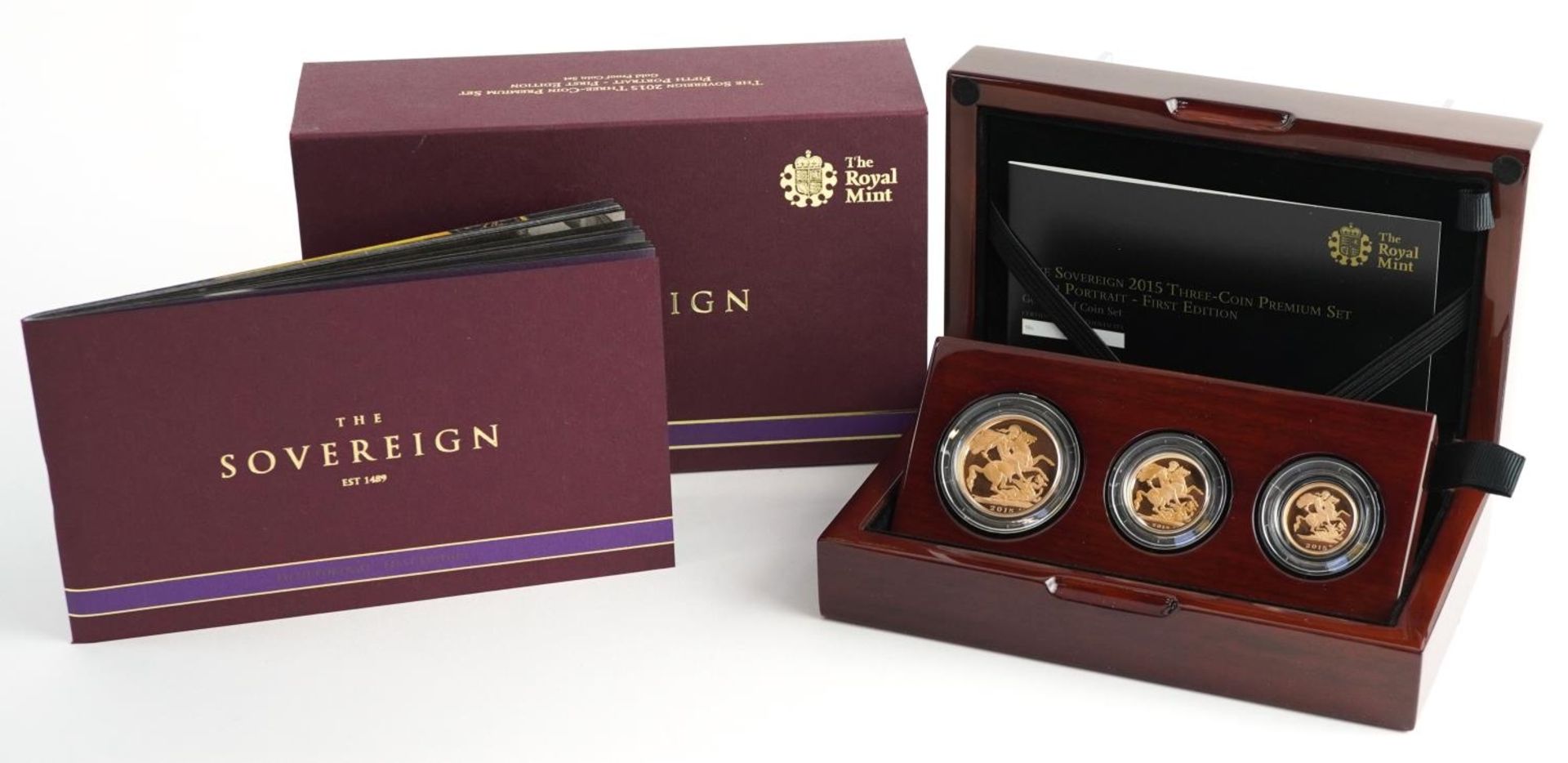 Elizabeth II 2015 sovereign Three-Coin Premium set by The Royal Mint comprising double sovereign,