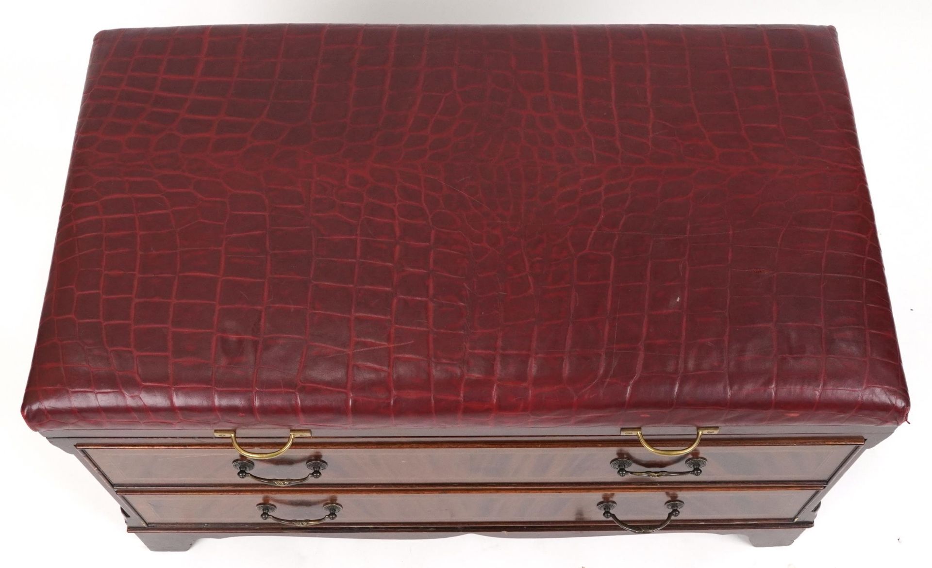 Mahogany butler's luggage stand with red leather faux crocodile skin lift up top and two drawers, - Image 4 of 5