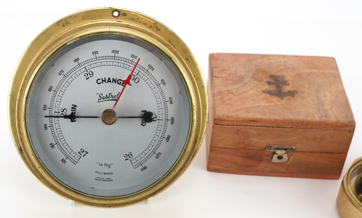 Shipping interest bulk head Sestrel wall barometer and a naval interest compass with hardwood - Image 2 of 5