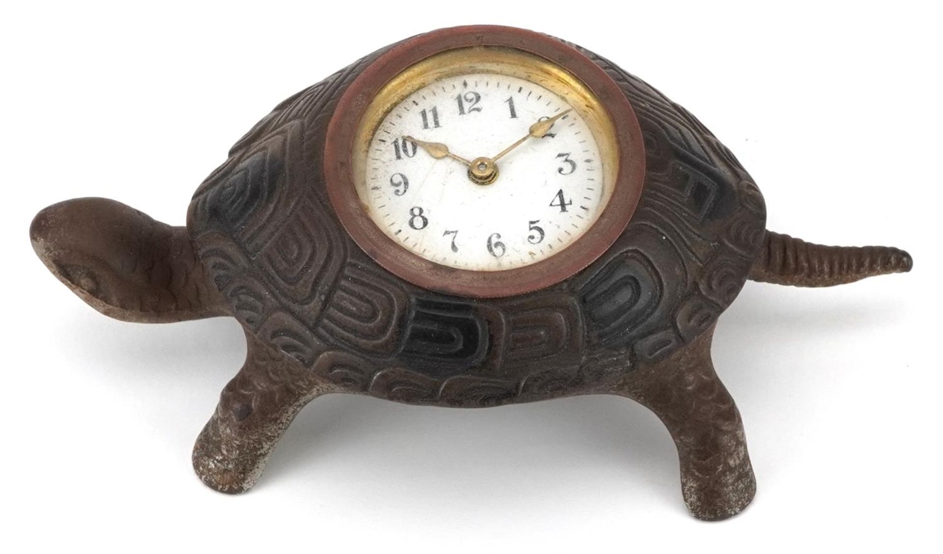 Victorian iron desk clock in the form of a turtle with enamelled dial having Arabic numerals, 17cm - Bild 2 aus 4